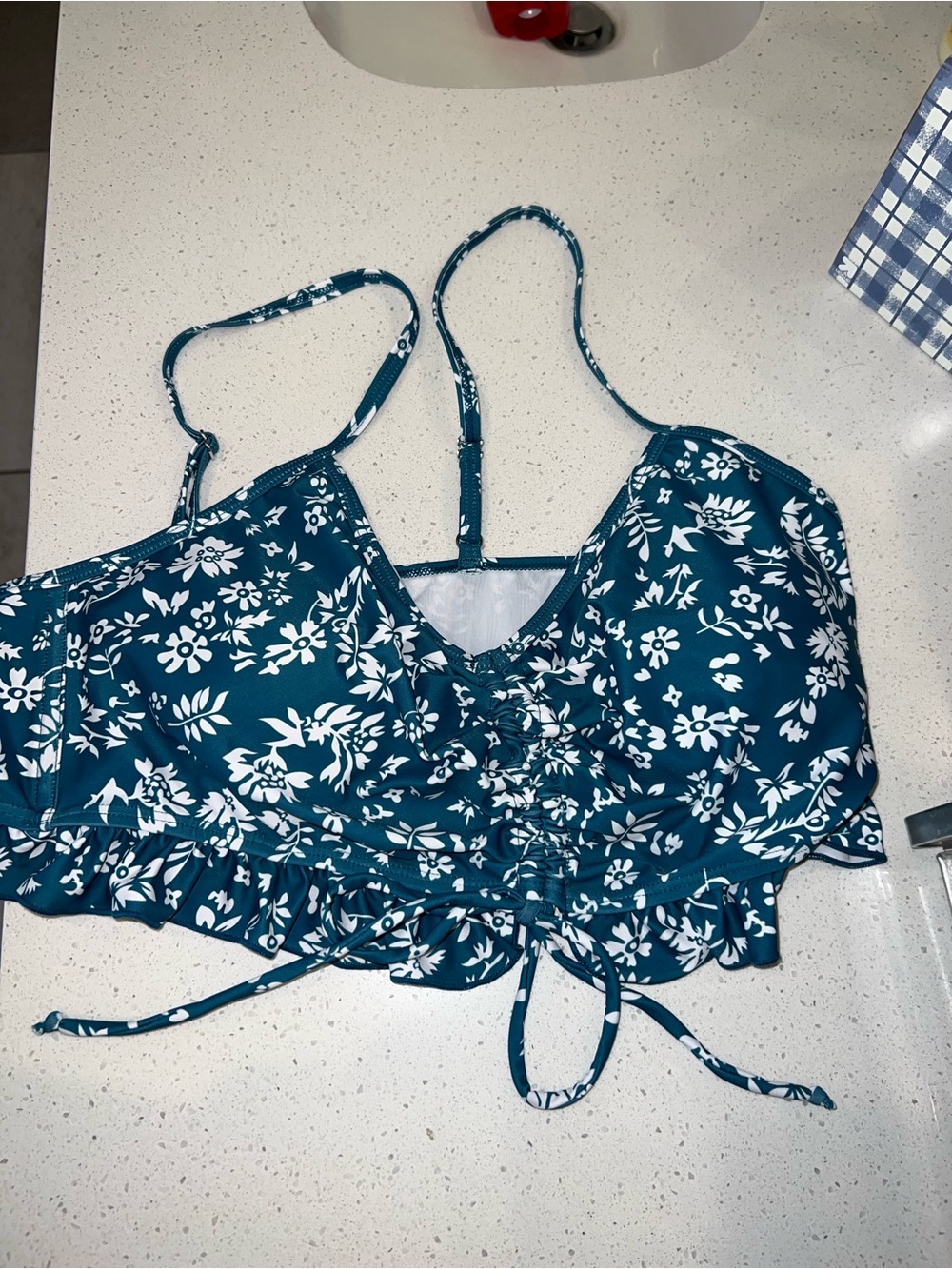 Teal Floral Ruffle Crop Top with Adjustable Tie